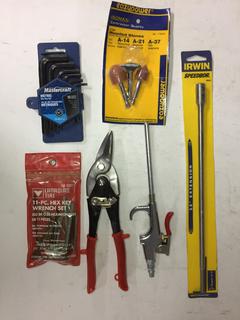 Box of Various Pliers, Tin Snips, Hack Saws, Jig Saw Blades, Etc.