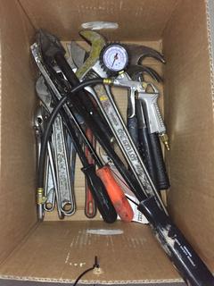 Box of Various Wrenches, Pry Bars & Tankless Paint Sprayer.
