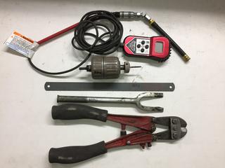 Snap-On Digital Remote Fuel Pressure Gauge Assembly, Bolt Cutters, Drill Speed Reducer, Metal Blade & Pitman Arm Separator.