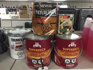 (4) Exterior Stain Semi-Transparent 3.79L, (1) Rust Paint Aluminum 3.78L, (1) Dex End Cut Wood Preservative 946ml, (1) Polyurethane Floors Semi-Gloss 3.78L.