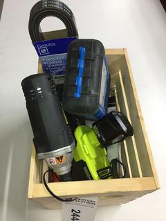 Wooden Crate Box w/ Mastercraft Drill Bits, Drive Belt, Impact Driver, Other Miscellaneous.