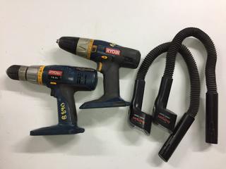 (2) Ryobi Cordless Drills, No Batteries & (2) Black & Decker Snake Lights, No Batteries.