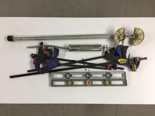 Assorted Bar Clamps, Grease Gun, & Levels.