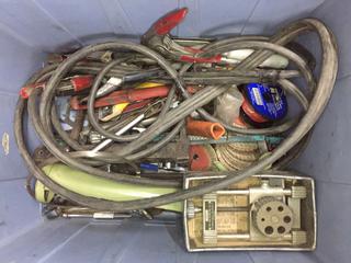 Bin of Booster Cables, Dowling Jig, Caulking Gun, Hack Saws, Miscellaneous Tools.