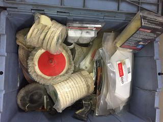 Bin of Assorted Discs, Automotive Masking Paper, Respirator Lenses & Small Tools.