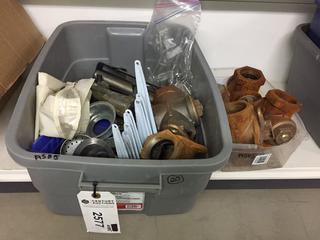 Bin of Miscellaneous Drain Plugs, Hinges, Brackets, Rollers, Ball Valves.