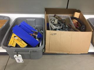 Bin of Assorted Ball Caps, Screws, Pole Extenders, Household Hardware.