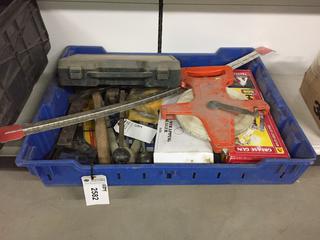 Bin of Assorted Hand Tools, Grease Gun, Steel Strapping Sealer, Open Reel Measuring Tape.
