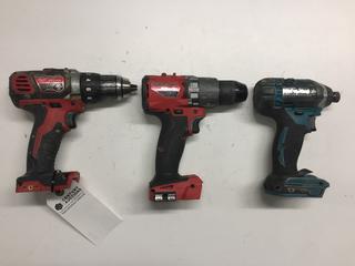 (2) Milwaukee Cordless Drills & (1) Makita Cordless Impact Driver, No Batteries or Charger.