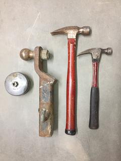Metal Pail With Trailer Hitch & Assorted Hammers.
