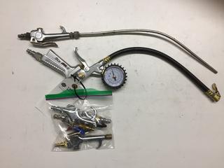 Tire Pressure Air Gauge With Various Air Tool Attachments.