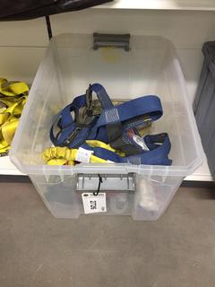 Bin of Assorted Personal Fall Limiter, Manyards, Reusable Roof Anchor, Safety Harness.