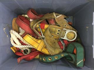 Bin of Assorted Personal Fall Equipment, Nylon Rope, Harnesses, Belt.
