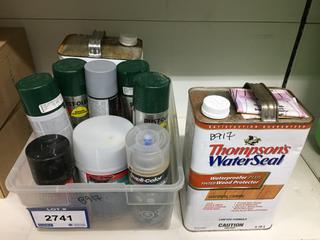 Quantity of Assorted Spray Paint & (2) 3.78L Thompson's Water Sealant, Bondo Glass Filler.
