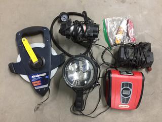 Assorted Air Compressors, Jack Knives, Tape Measure, Hand Held Spotlight.