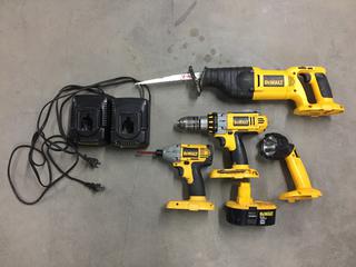 DeWalt DC385 Reciprocating Saw, DC920 1/2" Drill, DW056 HD Impact Driver, DW908 Flashlight, (2) Chargers & (1) Battery.