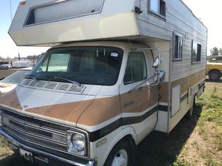 Selling Off- Site -  1976 Dodge Motorhome c/w V8, Auto, For Parts, Running Condition Unknown, Showing 84501 KM, VIN F44CD6V077398.  Location - 527 North 200 East, Raymond, AB -  For Further Information Please Call Chris 403-308-1161.
