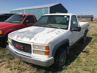 Selling Off- Site -  1995 Chev 2500 4x4 Long Box c/w V8 on LPG, Auto, Running Condition Unknown, Showing 469,186 Kms, VIN 1GCGK24N8SE13662.  Location - 527 North 200 East, Raymond, AB -  For Further Information Please Call Chris 403-308-1161.