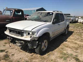 Selling Off- Site -  2002 Ford Sport Trac c-w V6, Auto, Running Condition Unknow, Non Repair, Front End Damage, Parts Missing, Showing 153,325 Kms, VIN 1FMZU67E66073  Location - 527 North 200 East, Raymond, AB -  For Further Information Please Call Chris 403-308-1161.