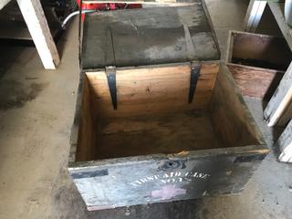 Selling Off- Site -  Box of Misc. Wire Antique Military First Aid Locker 24"x18"x14" Wood.  Location - 527 North 200 East, Raymond, AB -  For Further Information Please Call Chris 403-308-1161.