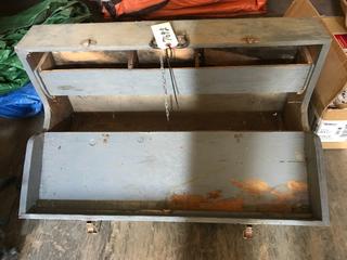 Selling Off- Site -  Vintage Wood Carpenter Tool Box 34"x16"x8".  Location - 527 North 200 East, Raymond, AB -  For Further Information Please Call Chris 403-308-1161.