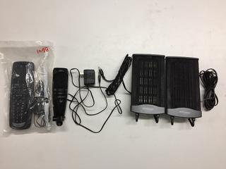 (2) Monsoon Desktop Speakers, ART Pro Audio, M-One USB Microphone & Logitech Remote.