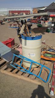 White Barrel w/ Pick Axe, Squigees & Hand Dolly.