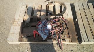 Partial Roll of Metal Banding, Booster Cables & Crawler Work Cart.