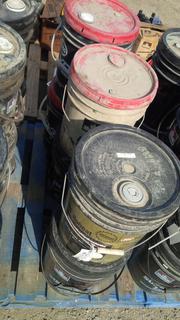 (1) 20L Pail of Diesel Motor Oil, (3) 20L Pails of SAE 30 Engine Oil, (1) 20L Pail of Transmission Oil & (1) Pail of Transmission Fluid.
