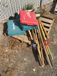 Quantity of Rakes, Brooms, Pick Axe, Pitch Fork & (3) Empty Tool Cases.