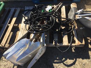 (4) Grain Shovels, Bent Rake & Soaker Hose.