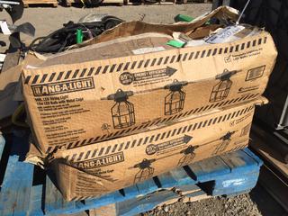 (2) Boxes of String Lights 50' Ea 15 W LED Bulb w/ Metal Cage, Plastic Shelf & Yellow Work Light.