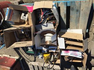 Pallet of Assorted Automotive Parts, Electrical Wire, Paint Brushes.