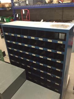 (1) Metal Parts Bin (35.25"x 12" x 42") & 10-Drawer Metal Cabinet (17.5"x 24"x 13") c/w Assorted Hardware.