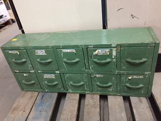 (2) Metal 2-Drawer File Cabinets (16.5"x 24"x 30"), 4-Drawer Metal Cabinet (18.75"x 18.5x 40.5") & 10-Drawer Wood Cabinet (35"x 8.25"x 14.5").