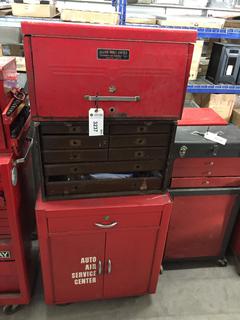 Allied 26" Metal Chest w/ Drop Front, 8-Drawer Wooden Cabinet & 26.5" Metal Rolling Cabinet c/w Tools.