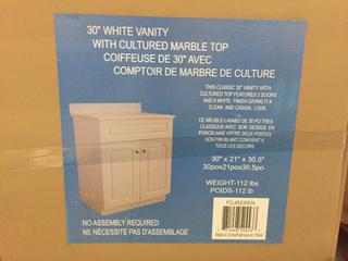 30" White Vanity w/ Cultured Marble Top, Damaged.