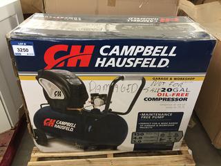 Campbell Hausfeld 20 Gallon Oil free Compressor, Damaged.