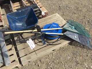 Fertilizer/Seed Spreader, 50' - 3/8" Open Rubber Air Hose Reel & (2) Leaf Rakes.