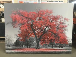 East Urban Home Landscape 'Big Red Tree on Foggy Day' Wrapped Canvas, 30"x 40".