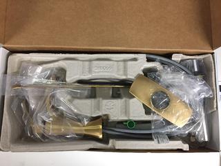 Gratitude Bath Tissue Hook, French Gold, 18" Towel Bar & Moen One Handle Lavatory Faucet, Brushed Gold.