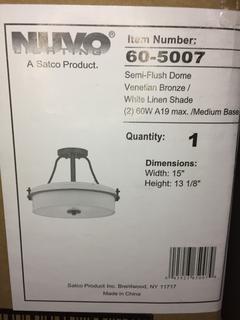 (2) Nuvo Semi-Flush Light, Venetian Bronze/White Linen Shade, 15"x 13".