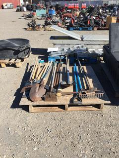 Quantity of Shovels, Scrapers, Pickaxe, Rake, Axe & Handles.