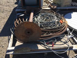 Partial Roll of 3/16" Steel Cable, Partial Roll of 5/8" Steel Cable & Steel Stand.