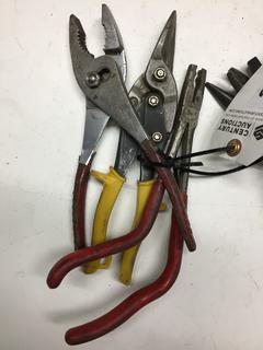 Battery Terminal Pliers, Wire Clamp Pliers, 90* Needle Nose Pliers, 10" Snap-On Pliers & Tin Snips.