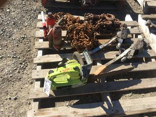 Poulin Micro Super Chainsaw, Tire Chain, 20' Heavy Duty Chain w/ Hooks, (2) Bottle Jacks & (2) Come-A longs.