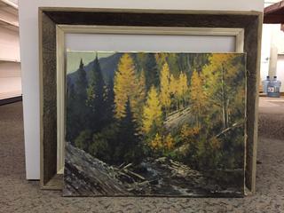 "Sinclair Creek" by M.Lindstrom Painting. 30 1/4" by 24 1/4". *Broken Off Frame, Slightly Bent.