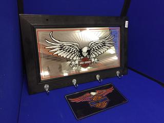 Harley Davidson Mirror w/ Hooks & Metal Magnet. 6" x 12" Magnet / 24 1/2" x 14 1/2" Mirror.