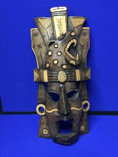 Painted Wooden Tiki Mask. Approximately 9" x 20".