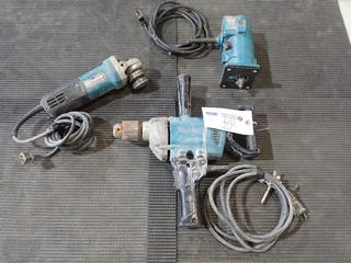 Makita DS4012 1/2in 120V Spade Handle Drill C/w Makita 3700B 115V Trimmer And Makita 9554NB 4 1/2in 120V Angle Grinder *Note: Cord Requires Repair On Trimmer*